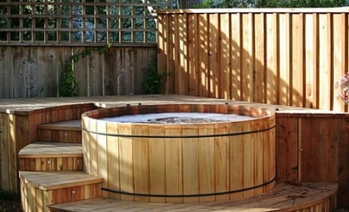 Wooden Hot tub on a wood deck